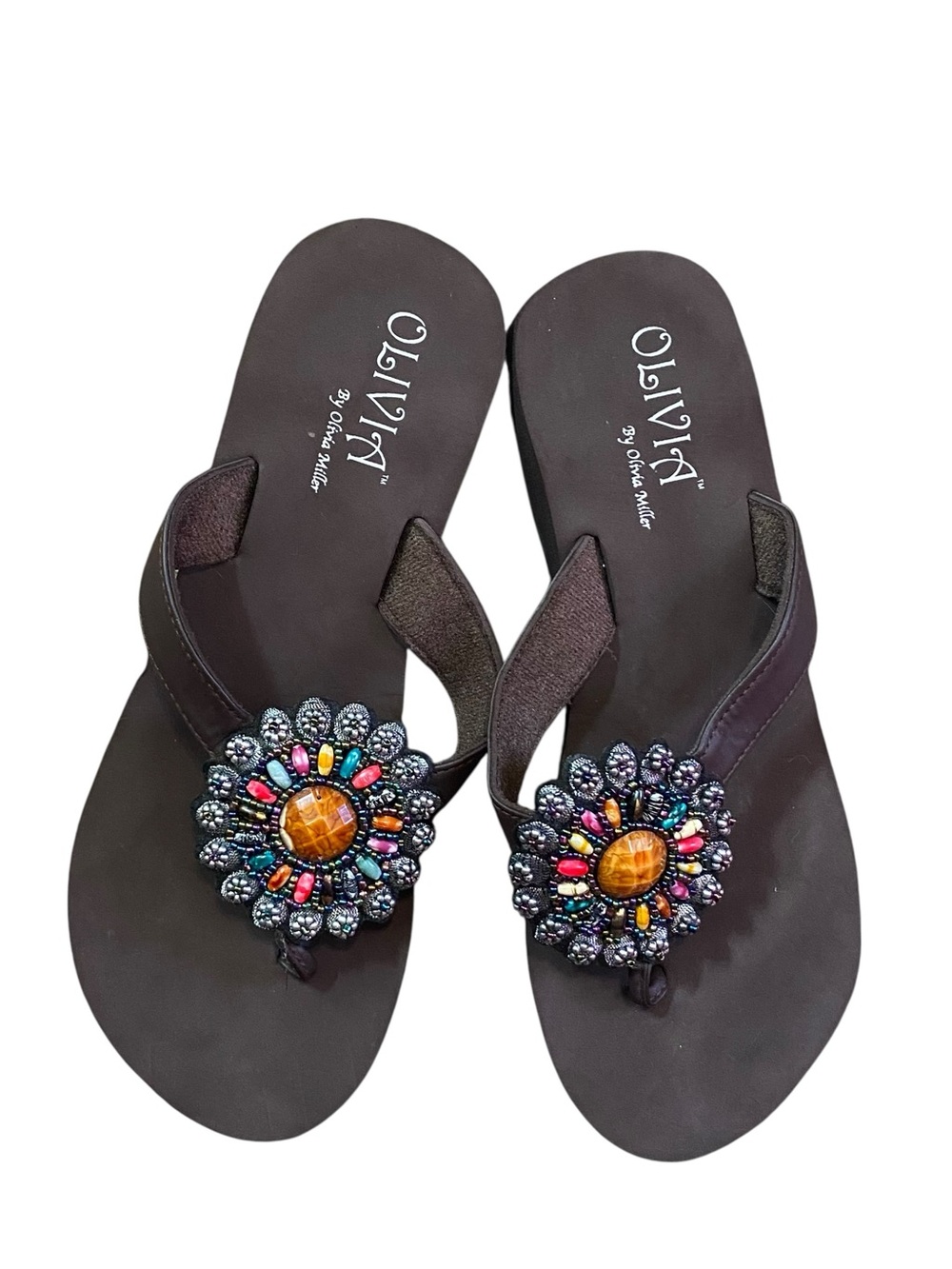 Olivia Miller Y2k Brown Big Medallion Thong Sandal Foam Flip Flops Size 5/6